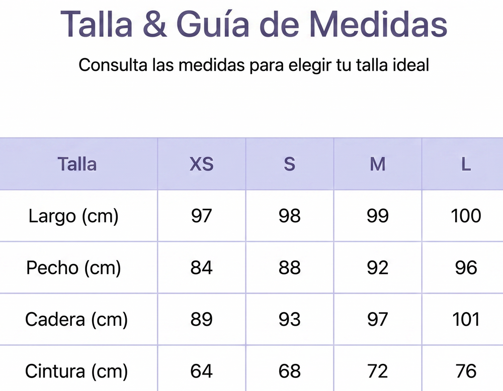 Size guide for Noa Dress - Natural Elegance in Every Movement